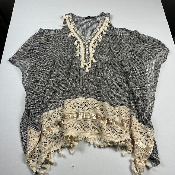 Laura Jane Poncho Sweater Black Ivory Fringe Crochet Boho Open Knit Oversized OS - Picture 1 of 11